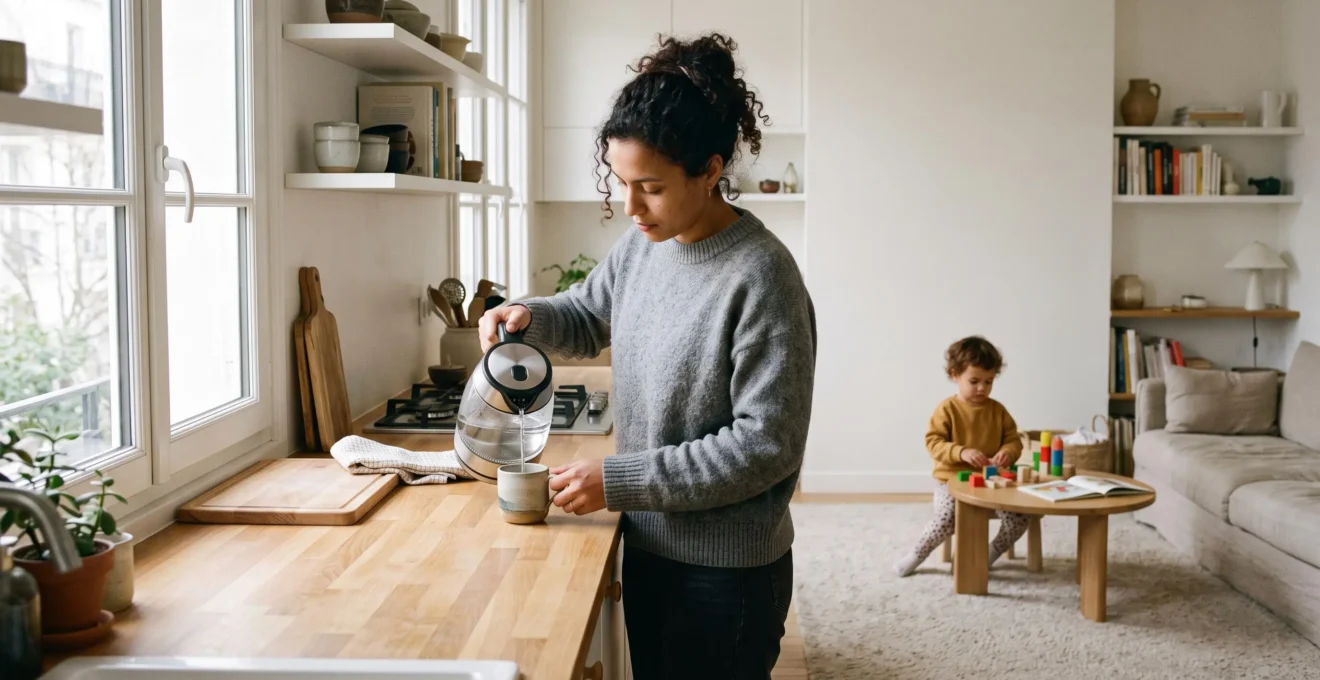 Jeune parent versant de l'eau chaude d'une bouilloire électrique double paroi dans une tasse sur plan de travail de cuisine ouverte, enfant de 3-4 ans jouant calmement à distance sécurisée en arrière-plan dans le même espace
