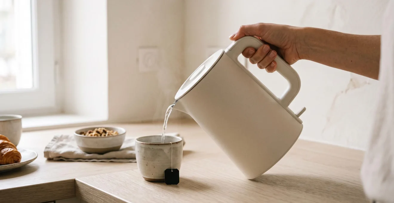 Main adulte manipulant sans protection une bouilloire électrique double paroi moderne posée sur un plan de travail de cuisine familiale française contemporaine, avec tasse et sachet de thé en arrière-plan