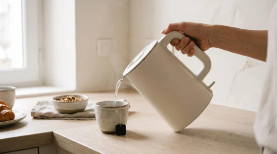 Main adulte manipulant sans protection une bouilloire électrique double paroi moderne posée sur un plan de travail de cuisine familiale française contemporaine, avec tasse et sachet de thé en arrière-plan