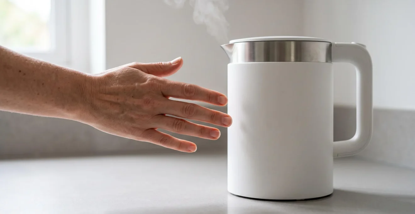 Main adulte paume ouverte approchant de la paroi externe d'une bouilloire électrique double paroi d'où s'échappe de la vapeur, testant la température au toucher juste après ébullition